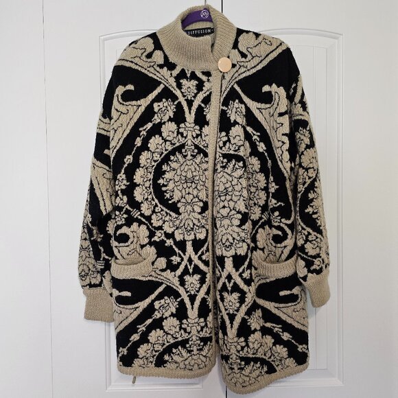Vintage I.B. Diffusion Mohair Blend Knitted Cardigan 1990 Beige/Black Size Small - Picture 1 of 10